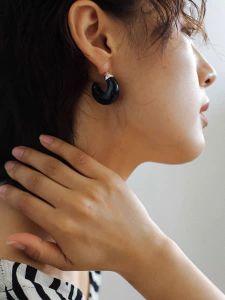 S925 Silver Black Agate Fat Moon Hoops Natural Stone Earrings Korean Style Fashion Jewelry Womens Geometric Pattern Ear Cuffs