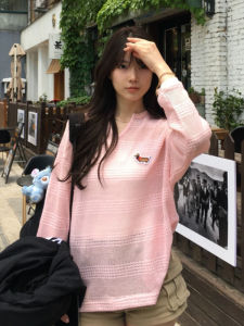 YUEZHONGWEI | Pink V-neck Hollow Ice Silk Knitted Summer Thin Long Sleeve T-shirt Loose Air Conditioning Outerwear Womens Fashion Top