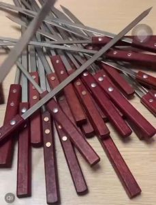 5pcs 60cm Stainless Steel BBQ Skewers Needle Reusable Flat Long Grill Sticks With Wooden Handle