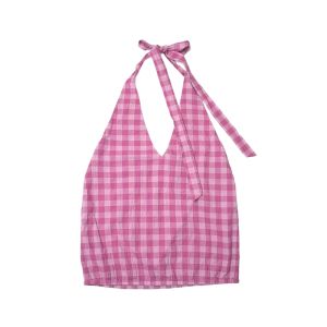 YUEZHONGWEI | Áo vest vải lanh không tay cổ chữ V màu hồng cho nữ mùa hè ngoài trời áo vest ngắn ôm vừa vặn có dây đeo cổ hở lưng