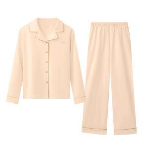 MiiOW | ชุดนอนผู้หญิงผ้าฝ้ายแท้ 100% แขนยาว ชุดนอนฤดูใบไม้ร่วง/ฤดูหนาว ชุดอยู่บ้าน คอกลม ปกติ 2 ชิ้น ชุดนอนผ้าฝ้ายแท้ 100%