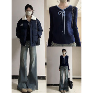 Sweet Ruffle Splice Butterfly Knot Twist Knit Sweater Women Autumn Winter Inner Wear Pure Desire Base Top Korean Style Slim Fit