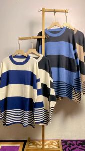 Blus Rajut Jumbo Motif Salur Gaya Korea Lengan Panjang Plus Size