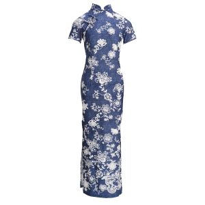 MY TENO | New Chinese Style Blue Floral Print Dress Waist Cinched Slimming Summer Elegant Short Sleeve Qipao Skirt For Women