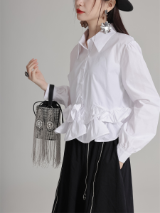 Thanh Lịch Cao Vòng Eo Trang Trí Thiết Kế Xếp Ly Áo Sơ Mi Cạnh Hạt Gỗ 3D Mùa Xuân 2024 Phong Cách Ngắn Áo Thời Trang Sành Điệu Phong Cách Pháp Cotton Vải Bông Pha Trộn