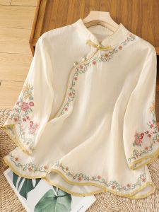 Withdraw OEM Goods Big Brand New Chinese Style Stand Collar Embroidery Cotton and Linen Shirt Womens Summer Zen Han Chinese Clothing Cheongsam Small Shirt Top