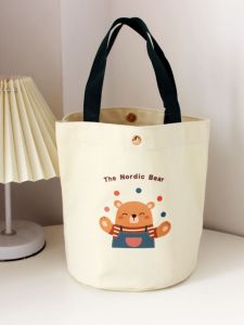 Portable Canvas Lunch Bag Handbag Womens Small Bag Printed Logo Fashionable Bucket Bag Shape Magnetic Buckle Closure Handbag