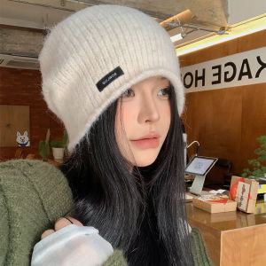 Warm Woolen Knitted White Hat for Women Autumn Winter Large Circumference Earflap Yarn Cap Cold Proof Fluffy Topped Hat