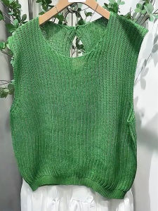 QINGNAER | Elegant Casual Large Size Green Translucent Sleeveless Knitted Vest