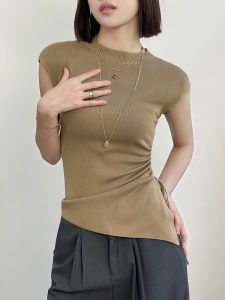 Elegant French Design Ice Silk Knitted Top Women Summer Thin Base Shirt Drawstring Small Flying Sleeve Upper Body