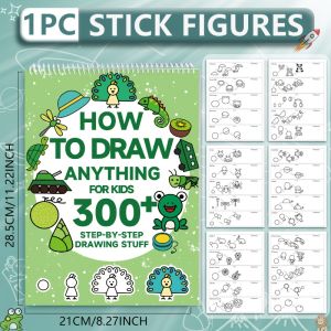 300+ Step-by-Step 1pc Green Stick Figure Drawing Book Art  Learning Painting Supplies with Cartoon Dinosaur & Frog Designs Book