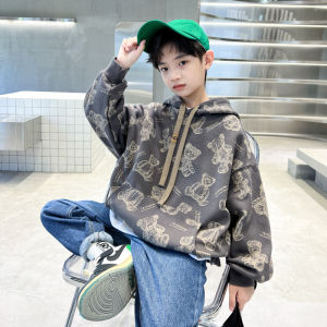Street Style Hoodie Boys Spring Autumn Bear Print Cotton Sweatshirt Childrens Fashionable Top for Boys Ages 4-14