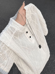 LIUBU | White Openwork Loose Henley Collar Short Sleeve T-Shirt