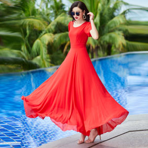 Chiffon Big Swing Long Dress Slim Looking Summer New Short Sleeve Chiffon Dress Bohemian Holiday Beach Dress