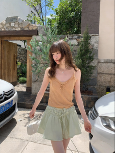 NIHAOKANONG | Áo Thun Knit Dây Đeo Mỏng Cổ V Nơ