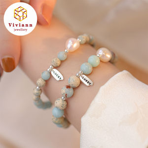 Viviann Original Design Blue Stone Good Luck Pearl Silver Luxury Bracelet For Women Quartz Beads Bracelet Polished 8mm Turquoize Beads Bangle Women Jewelry Cuff Bracelets Anniversary