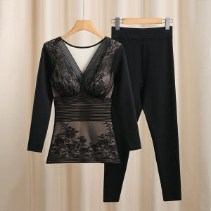 Thickened Fleece Warm Underwear Set for Women V-Neck Nine-Piece Pants Nylon And Spandex Mid-Aged Suitable Autumn Winter Clothes