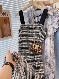 PAIBOLI | Black White Striped Tea Style Strap Dress Womens Summer New Fairy Feel Long Skirt Elegant Sensation Female Clothing