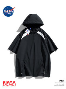 Wassup Panda Ice Silk Half Zipper Hoodie Short Sleeve Quick Dry Workwear T-Shirt Thin Fashionable Top for Men Summer Youth Trend