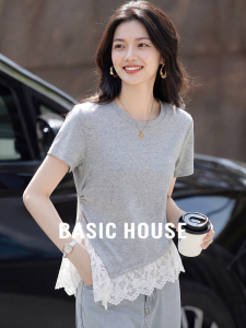 Basic House | Gray Lace-spliced Round Neck Short-sleeved T-shirt