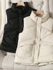down Cotton Vest Short Sleeveless Warm Outerwear Autumn Winter New Style plus Size Polyester Fiber Pure Color Stand Collar Jacket