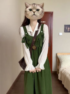 ชุดเดรสยาวสีเขียวสไตล์เกาหลี ชุดสองชิ้น แขนยาว คอกลม ผ้าฝ้ายผสมโพลีเอสเตอร์ สำหรับผู้หญิงวัย 18-24 ปี