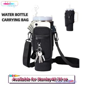 Water Bottle Carrying Bag with cell phone bag for Stanley 40/30 oz flat bottom neoprene water bottle holder bag with straw lid and hiking buckle for Stanley cup