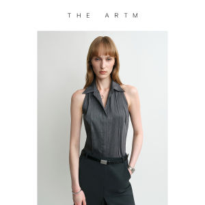 Sleeveless Waist-Cinching Notch Collar Shirt