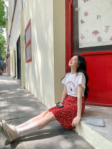 Mixd | Red Floral Chiffon Skater A-Line Midi Skirt