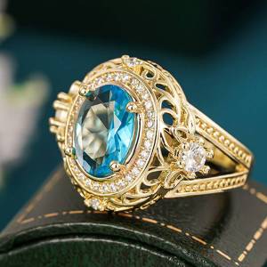 Huitan Classic Elegant Ring for Women Party Wedding Luxury Finger Accessories Gold Color Delicate Jewelry Inlaid Shiny Blue CZ