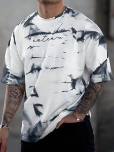 Summer mens breathable comfortable and fashionable tie dye letter pattern round neck T-shirt suitable for outdoor sports wear