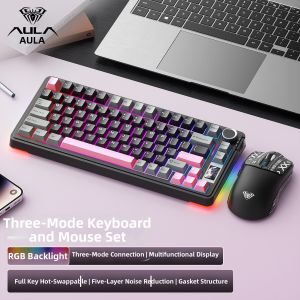 AULA S75Pro Interstellar Black 75 percent mechanical keyboard tri mode wireless bluetooth gaming keyboard rgb backlight hotswappable switches 5 layer soundproofing multifunctional display gasket structure