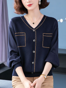 plus Size Silk V-Neck Knitted Base Shirt Womens Slimming Belly Covering Fashionable Age-Defying Ice Silk Knitwear Top