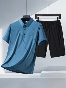 ROMON | Lomond Mens Short Sleeve Ice Silk Slim Fit Polo Shirt Fathers Day Two-Piece Set Summer Lightweight Collared Polo Shirt