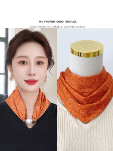 Retro Double-Sided Print Pearl Magnetic Clasp Silk Scarf Womens Triangle Neck Warmer Versatile Thin Style Spring Summer