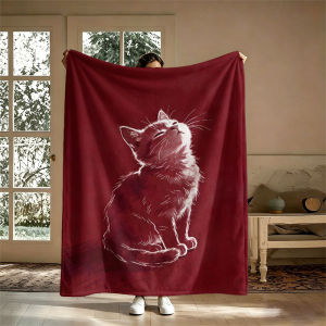 BILIBILI | Cat Sketch White Red Flannel Blanket Perfect for Sofa Office Bed Travel Sleep Read Relax Camping Four Season Use