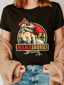 Funny MamaSaurus T-Rex Dinosaur Mom T-Shirt Retro Vintage Tee Soft Crew Neck Short Sleeve Shirt - Mothers Day Gifts for Women