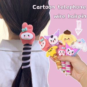 Kawaii Sanrio Telephone Line Hair Loop Cartoon Plush Kuromi Melody Head Rope High Elastic Ponytail Colorful Hair Band Kids Girls Hair Accessories