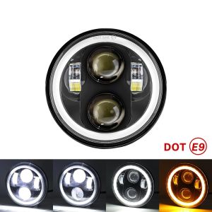 Headlight 5.75 Inch Black Halo Angel Eyes LED For Harley Sportster 1200 883 Street Softail Dyna 5-3/4" Projector Round Headlamp