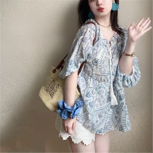 QIAONIAOGE | Blue Ethnic Style Loose Short Sleeve Printed Summer Shirt Artistic Cool Feeling Summer Note Design Casual Comfortable Top