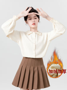 Apricot Doll Collar Long Sleeves Shirt for Women Fleece-lined 2024 Autumn and Winter New Arrival Niche Style Stylish Shirt Sweet Top