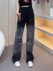 High Waist Wide Leg Gradient Color Denim Jeans Womens Straight Cut Floor-Length Slimming Pants Spring 2025 Fashion Design