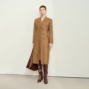 AMII | Notch Collar Pure Wool Coat with Metal Decorative Details Concealed Front Closure Cinched Waist