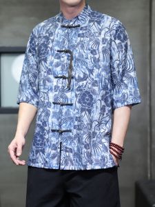 JIARONG | Asian Style Linen Mandarin Collar Shirt Large Size
