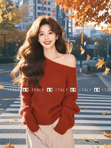 เสื้อสเวตเตอร์คอกลมแขนยาวทรงหลวมสีแดงสำหรับผู้หญิงในฤดูใบไม้ร่วงและฤดูหนาว ดีไซน์การ์ตูนสุนัข แฟชั่นลำลอง สไตล์เกาหลี