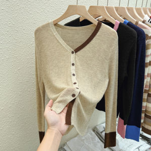 Elegant Color Block V-Neck Knitted Open Cardigan Womens Fashion Top Single Button Spring New Arrival Comfortable Wool Blend