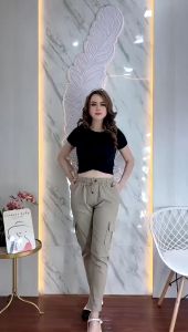 Celana Kargo Wanita Panjang Premium Pensil Cargo Korean Style Bahan Twill Combed Strecth
