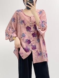 Sainag Womens Loose Vintage Print Shirt Mid-Length Long Sleeve Crewneck Summer Blouse for Mothers Plus Size