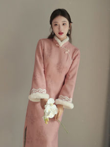 Pink New Chinese Style Cheongsam Thickened Long Sleeve Fleece Lined Daily Vintage Modified Dress Warm Mid-Length Skirt
