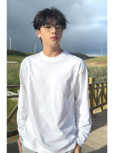 เสื้อยืดคอกลมแขนยาวสีขาว Cleanfit สำหรับผู้ชาย ทรงหลวม ผลิตจากผ้าฝ้ายแท้ ความหนาปกติ เหมาะกับฤดูใบไม้ร่วง